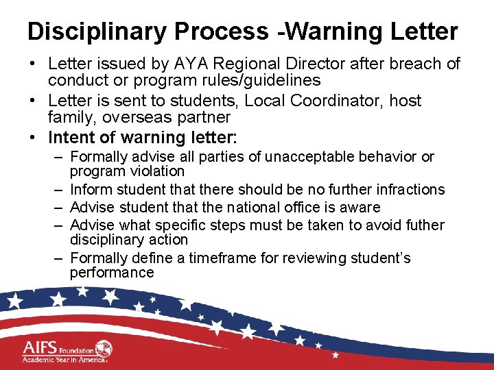 Disciplinary Process -Warning Letter • Letter issued by AYA Regional Director after breach of