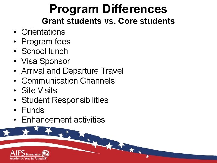 Program Differences • • • Grant students vs. Core students Orientations Program fees School