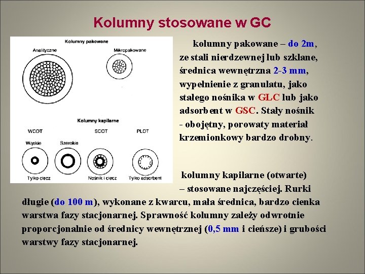 Kolumny stosowane w GC kolumny pakowane – do 2 m, ze stali nierdzewnej lub