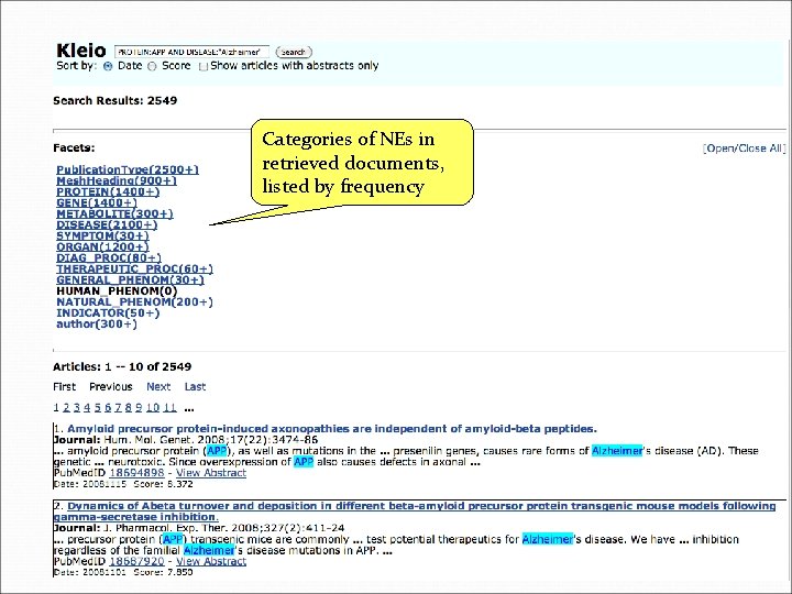 Categories of NEs in retrieved documents, listed by frequency 