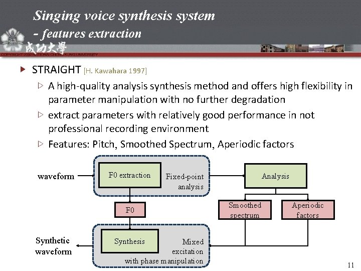 Singing voice synthesis system - features extraction STRAIGHT [H. Kawahara 1997] A high-quality analysis