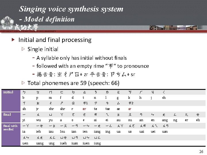 Singing voice synthesis system - Model definition Initial and final processing Single initial A