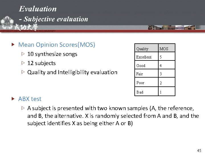 Evaluation - Subjective evaluation Mean Opinion Scores(MOS) 10 synthesize songs 12 subjects Quality and