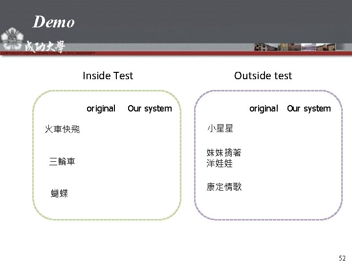 Demo Inside Test Outside test original 火車快飛 三輪車 蝴蝶 Our system original Our system
