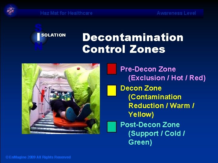 Haz Mat for Healthcare S I N SOLATION Awareness Level Decontamination Control Zones Pre-Decon