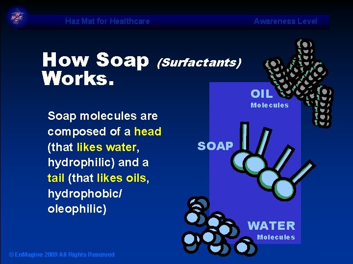 Haz Mat for Healthcare How Soap Works. Awareness Level (Surfactants) Soap molecules are composed