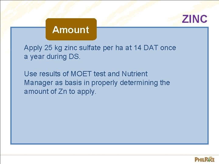 Amount Apply 25 kg zinc sulfate per ha at 14 DAT once a year