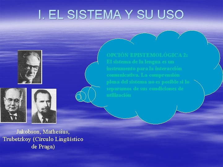 I. EL SISTEMA Y SU USO OPCIÓN EPISTEMOLÓGICA 2: El sistema de la lengua I. EL SISTEMA Y SU USO OPCIÓN EPISTEMOLÓGICA 2: El sistema de la lengua