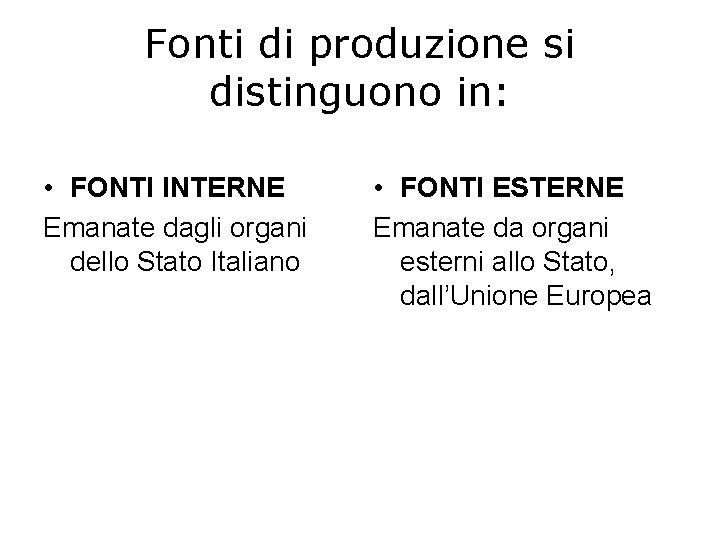 Fonti di produzione si distinguono in: • FONTI INTERNE Emanate dagli organi dello Stato