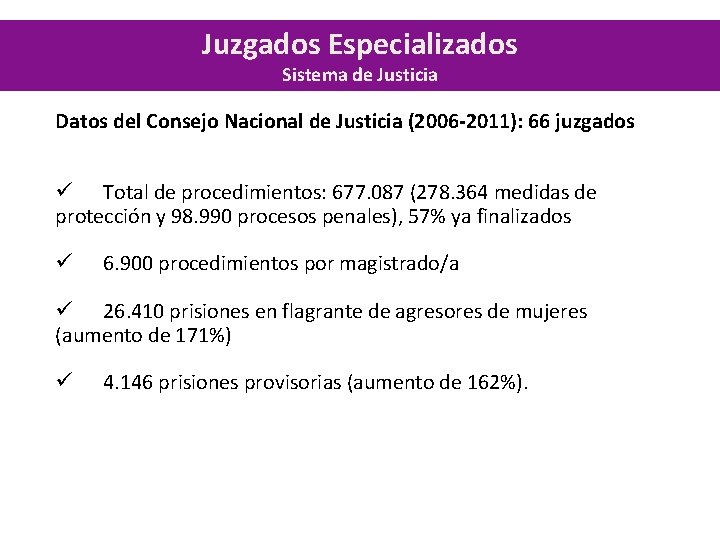 Juzgados Especializados Sistema de Justicia Datos del Consejo Nacional de Justicia (2006 -2011): 66