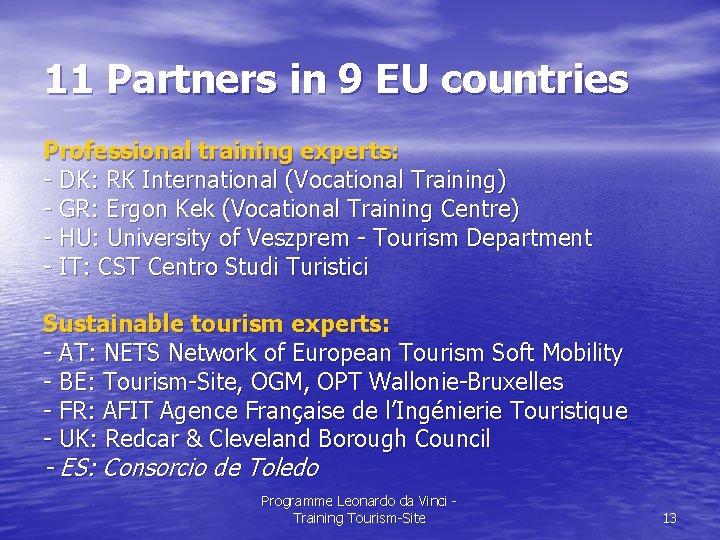 11 Partners in 9 EU countries Professional training experts: - DK: RK International (Vocational