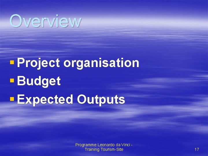 Overview § Project organisation § Budget § Expected Outputs Programme Leonardo da Vinci Training