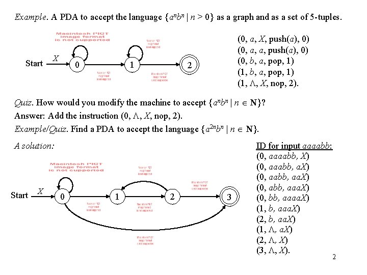 Example. A PDA to accept the language {anbn | n > 0} as a