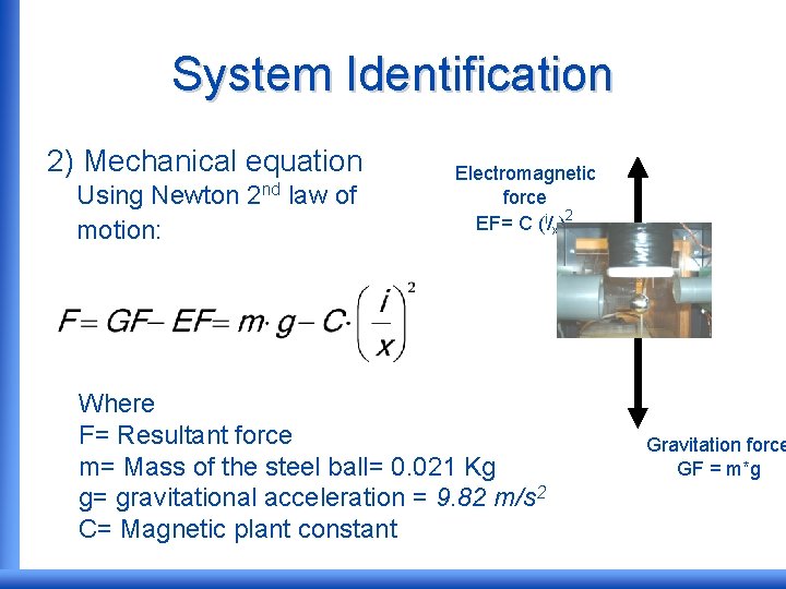 System Identification 2) Mechanical equation Using Newton motion: 2 nd law of Electromagnetic force
