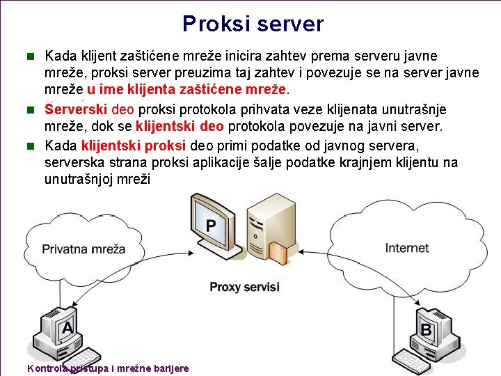 Proksi server n Kada klijent zaštićene mreže inicira zahtev prema serveru javne mreže, proksi
