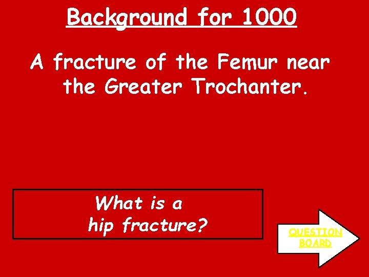 Background for 1000 A fracture of the Femur near the Greater Trochanter. What is