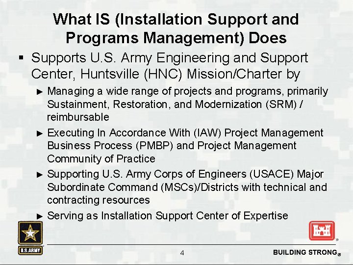 What IS (Installation Support and Programs Management) Does § Supports U. S. Army Engineering