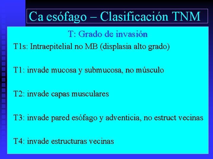 Ca esófago – Clasificación TNM T: Grado de invasión T 1 s: Intraepitelial no