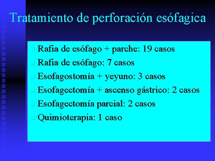 Tratamiento de perforación esófagica Rafia de esófago + parche: 19 casos n Rafia de