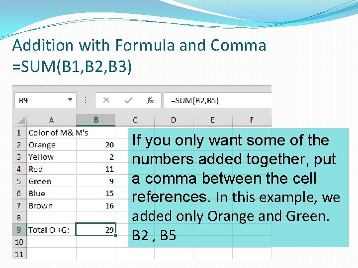 Addition with Formula and Comma =SUM(B 1, B 2, B 3) If you only