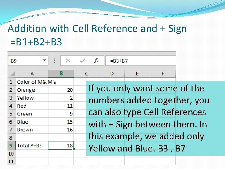 Addition with Cell Reference and + Sign =B 1+B 2+B 3 If you only