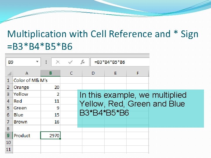 Multiplication with Cell Reference and * Sign =B 3*B 4*B 5*B 6 In this