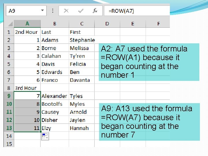 A 2: A 7 used the formula =ROW(A 1) because it began counting at