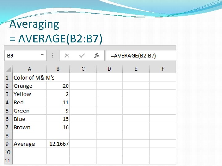 Averaging = AVERAGE(B 2: B 7) 