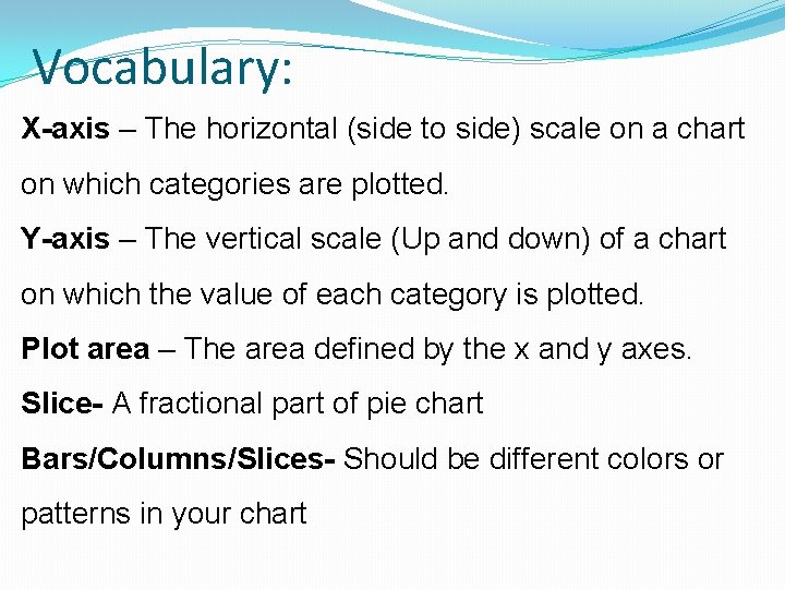 Vocabulary: X-axis – The horizontal (side to side) scale on a chart on which