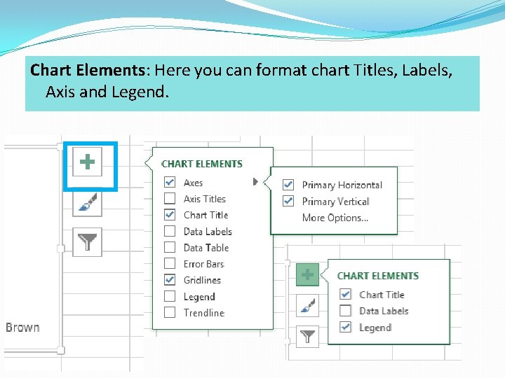 Chart Elements: Here you can format chart Titles, Labels, Axis and Legend. Chart Elements: Here you can format chart Titles, Labels, Axis and Legend.