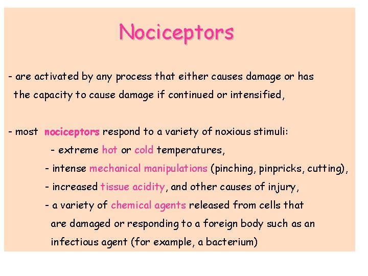 Nociceptors - are activated by any process that either causes damage or has the