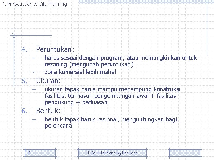 1. Introduction to Site Planning Peruntukan: 4. - Ukuran: 5. – ukuran tapak harus