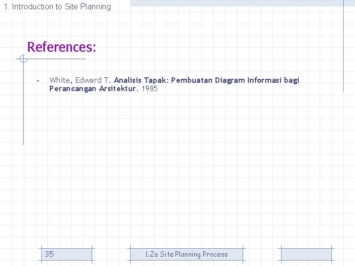 1. Introduction to Site Planning References: • White, Edward T. Analisis Tapak: Pembuatan Diagram