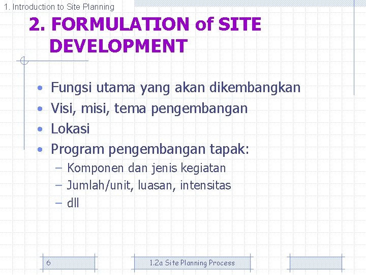 1. Introduction to Site Planning 2. FORMULATION of SITE DEVELOPMENT • Fungsi utama yang
