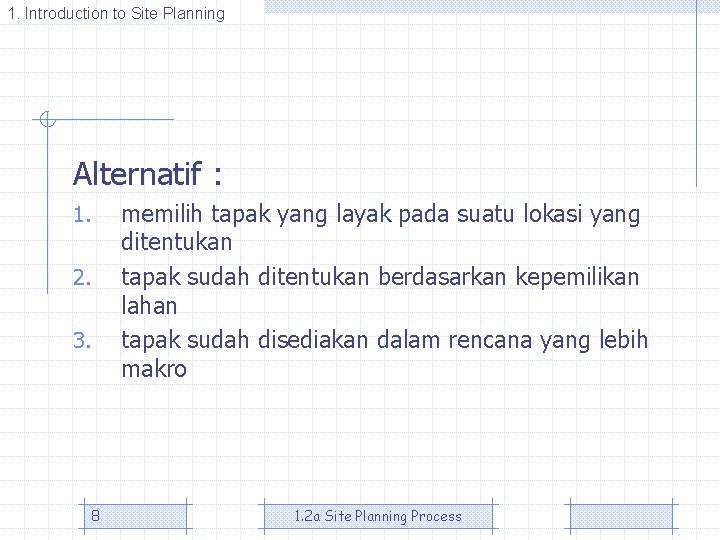 1. Introduction to Site Planning Alternatif : 1. 2. 3. 8 memilih tapak yang