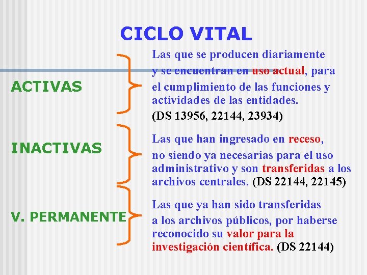 CICLO VITAL ACTIVAS INACTIVAS V. PERMANENTE Las que se producen diariamente y se encuentran