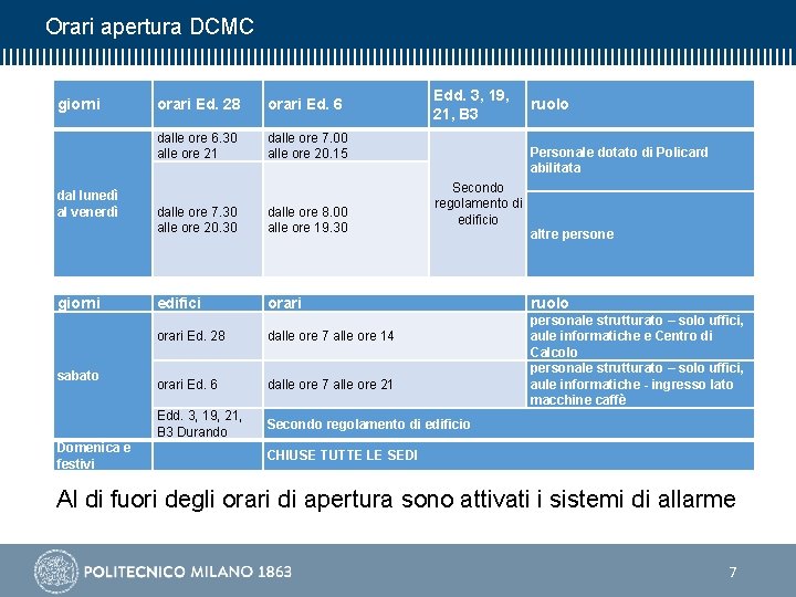 Orari apertura DCMC giorni dal lunedì al venerdì orari Ed. 28 orari Ed. 6