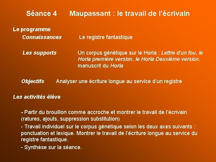 Séance 4 Le programme Connaissances Les supports Maupassant : le travail de l’écrivain Le