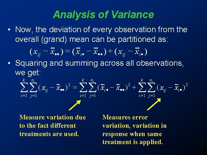 Analysis of Variance • Now, the deviation of every observation from the overall (grand) Analysis of Variance • Now, the deviation of every observation from the overall (grand)
