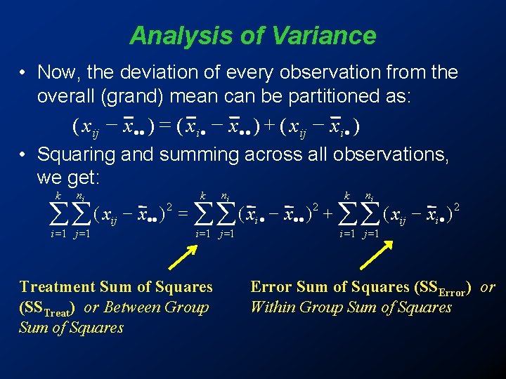 Analysis of Variance • Now, the deviation of every observation from the overall (grand) Analysis of Variance • Now, the deviation of every observation from the overall (grand)