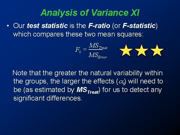 Analysis of Variance XI • Our test statistic is the F-ratio (or F-statistic) which Analysis of Variance XI • Our test statistic is the F-ratio (or F-statistic) which
