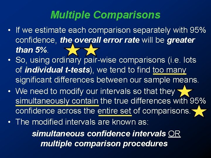 Multiple Comparisons • If we estimate each comparison separately with 95% confidence, the overall Multiple Comparisons • If we estimate each comparison separately with 95% confidence, the overall