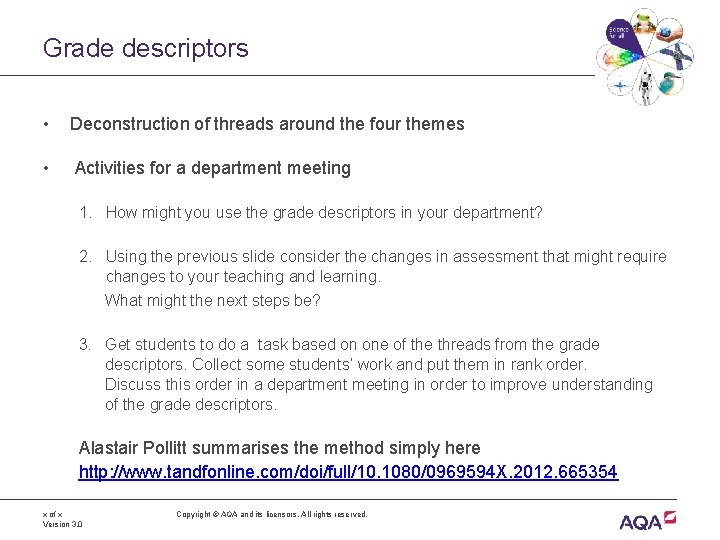 Grade descriptors • Deconstruction of threads around the four themes • Activities for a