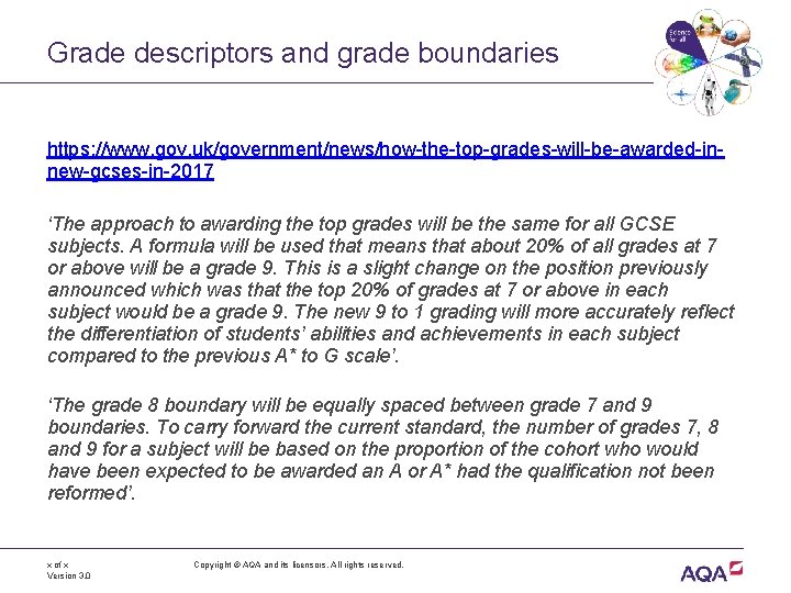 Grade descriptors and grade boundaries https: //www. gov. uk/government/news/how-the-top-grades-will-be-awarded-innew-gcses-in-2017 ‘The approach to awarding the