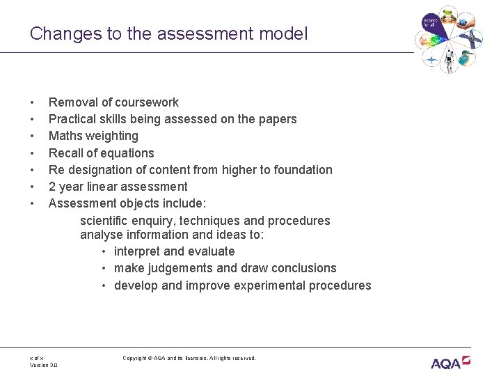 Changes to the assessment model • • Removal of coursework Practical skills being assessed