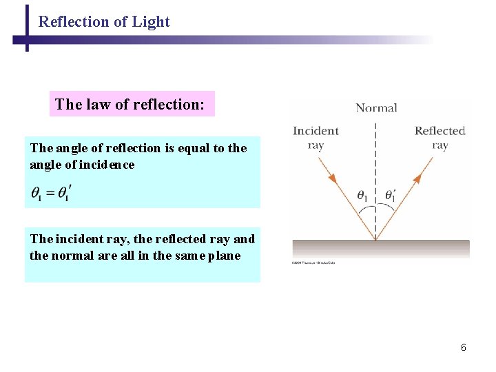 Reflection of Light The law of reflection: The angle of reflection is equal to