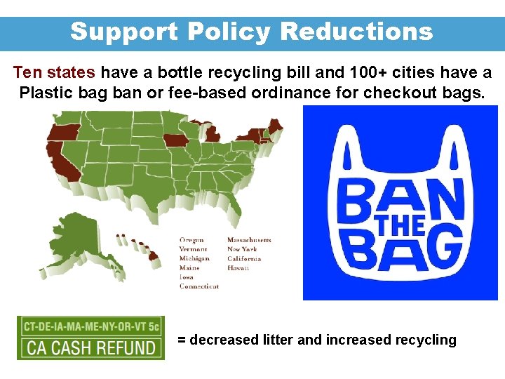Support Policy Reductions Ten states have a bottle recycling bill and 100+ cities have