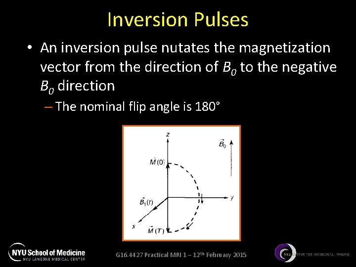 Inversion Pulses • An inversion pulse nutates the magnetization vector from the direction of Inversion Pulses • An inversion pulse nutates the magnetization vector from the direction of