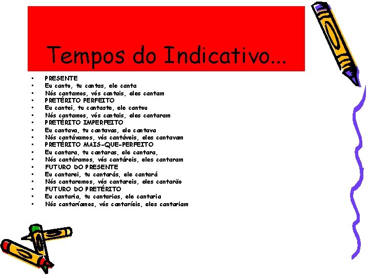 Tempos do Indicativo. . . • • • • • PRESENTE Eu canto, tu