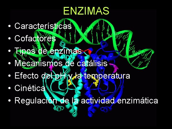 ENZIMAS • • Características Cofactores Tipos de enzimas Mecanismos de catálisis Efecto del p.